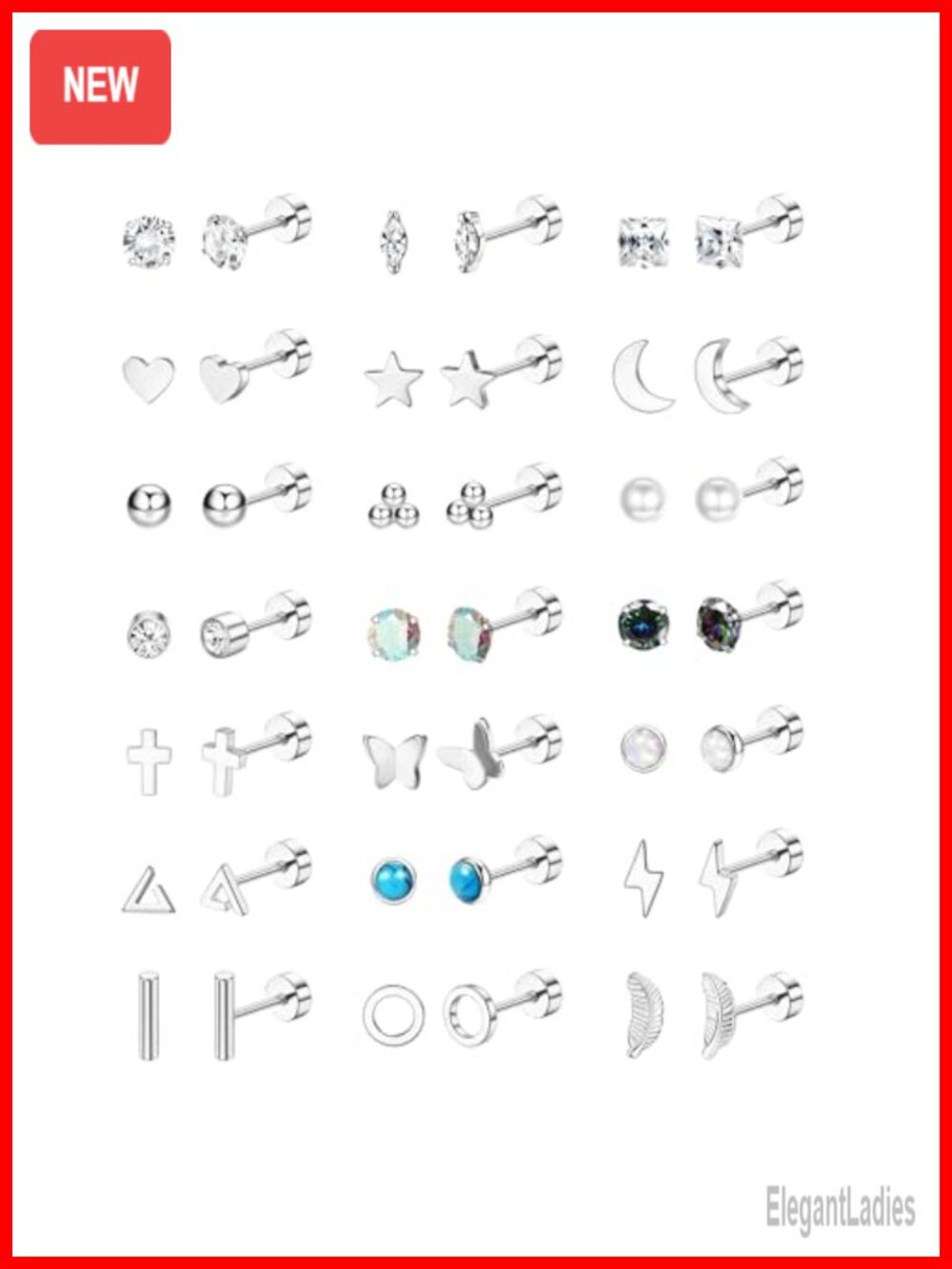 21 Pairs Hypoallergenic 316L Stainless Steel Flat Back Stud Earrings Set